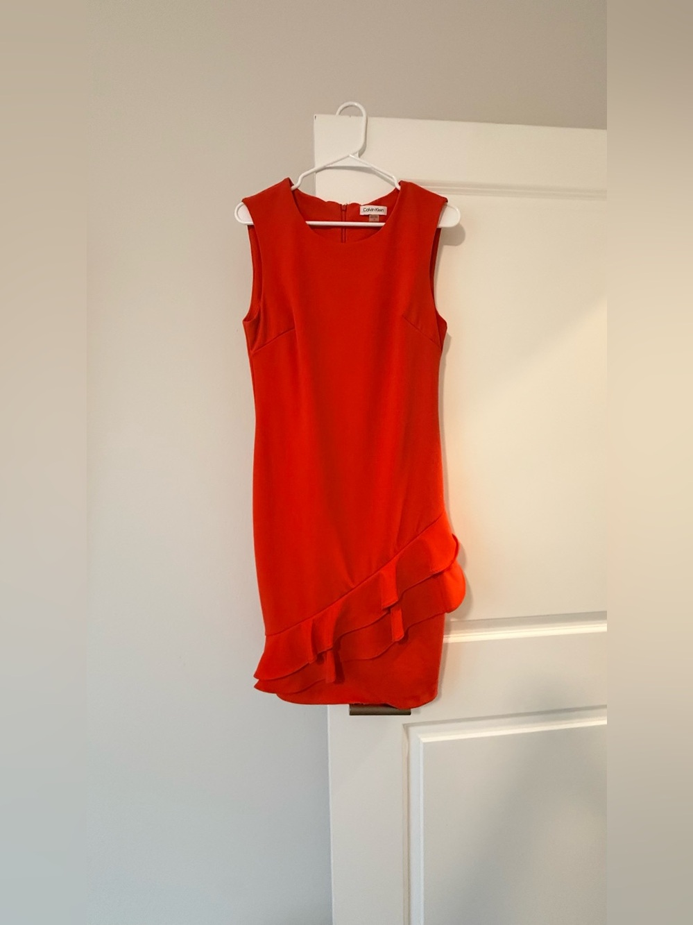 Calvin Klein Vibrant Orange Ruffle Hem Sleeveless Sheath Dress